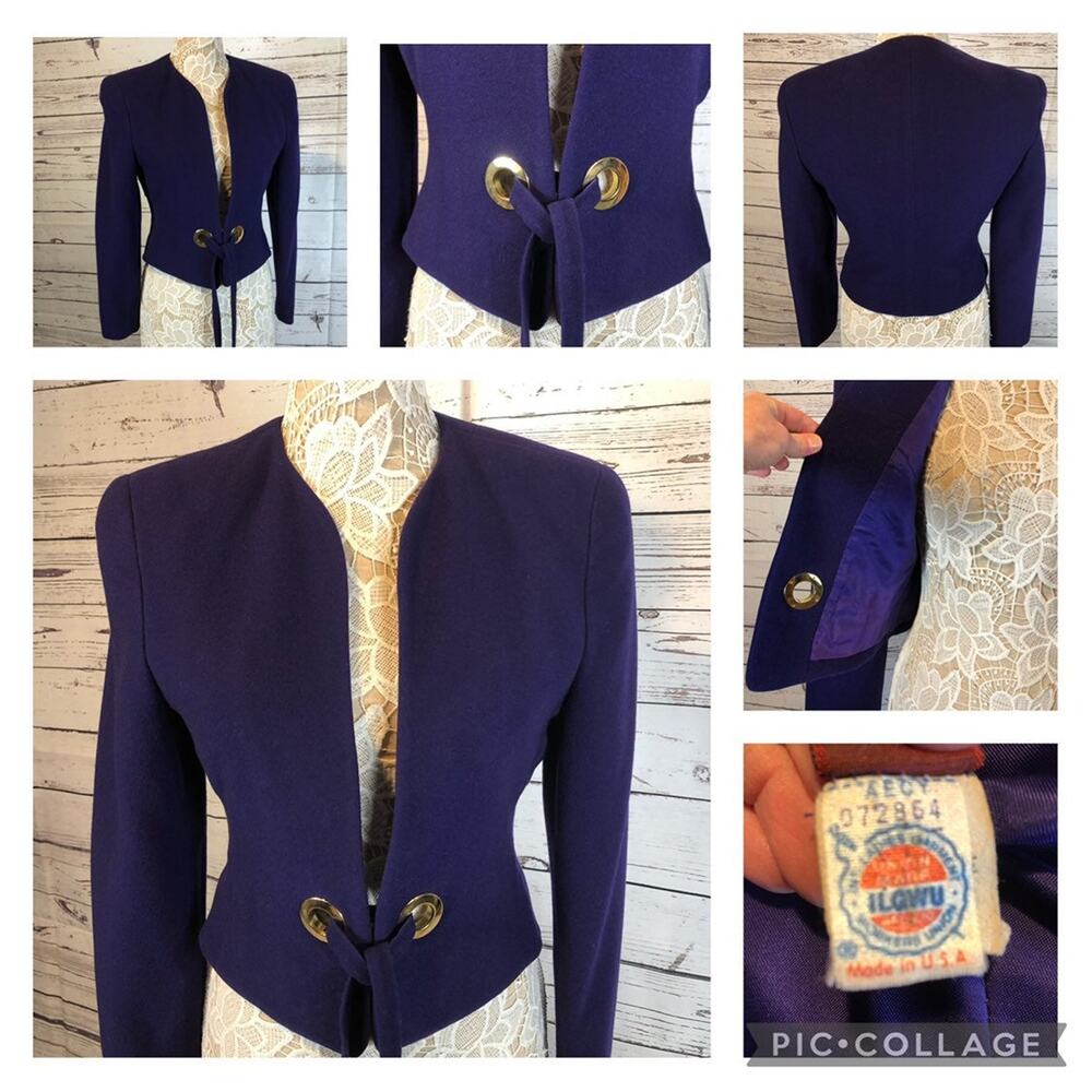 1980s Vintage Purple Wool Cashmere Cropped Blazer Gold Grommet Jacket USA Small - Picture 13 of 13